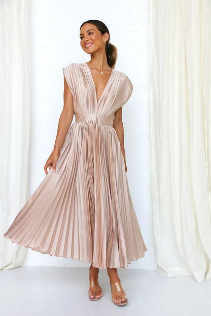 Aisha - Pleated Plunge Midi Dress