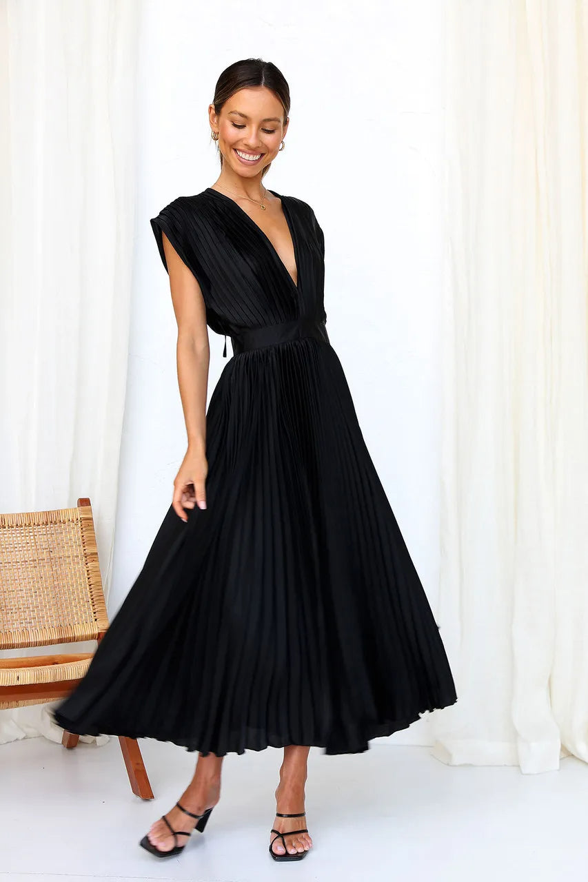 Aisha - Pleated Plunge Midi Dress