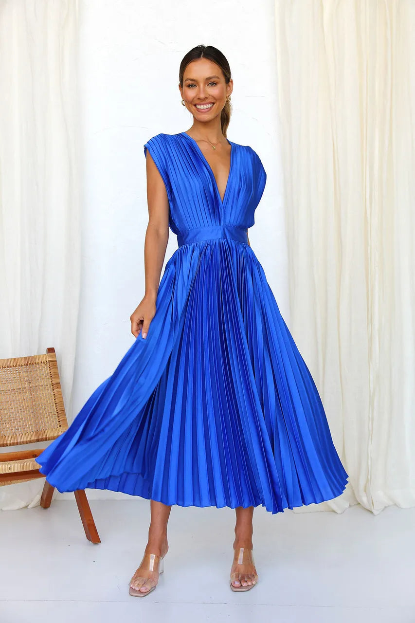 Aisha - Pleated Plunge Midi Dress