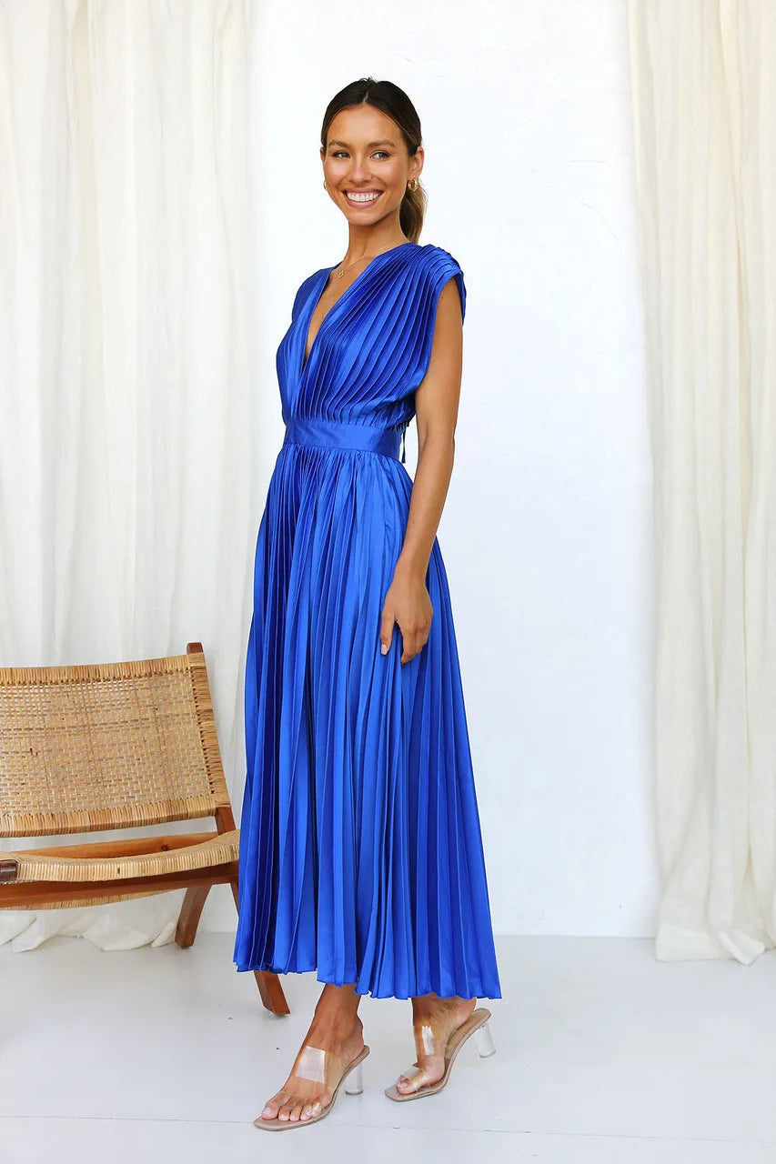 Aisha - Pleated Plunge Midi Dress