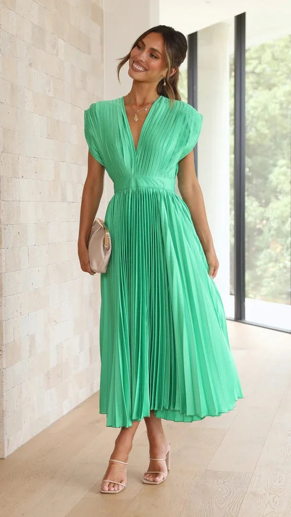 Aisha - Pleated Plunge Midi Dress