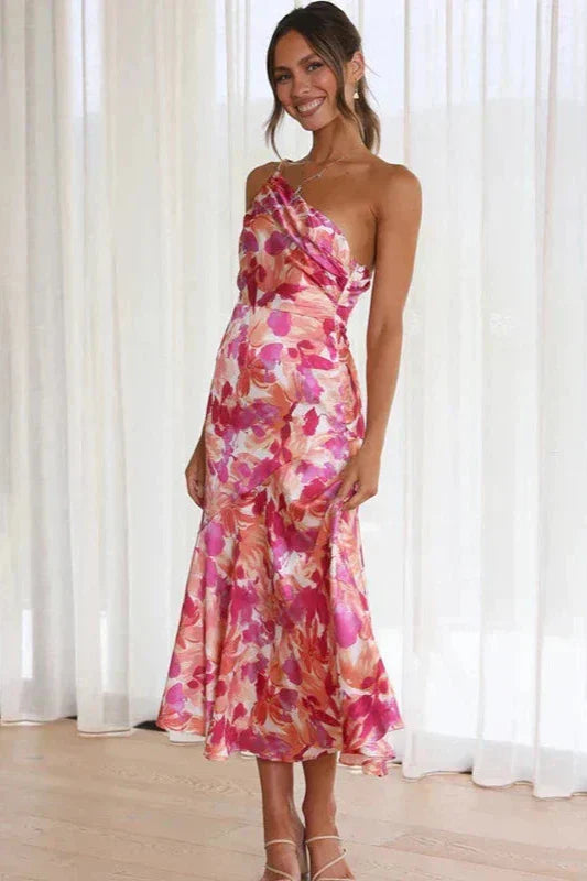 FLORA - One-Shoulder Floral Midi Dress