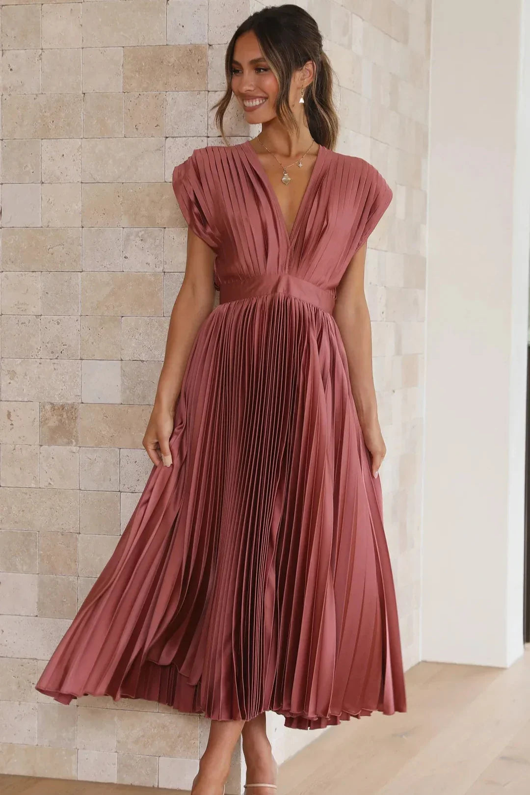 Aisha - Pleated Plunge Midi Dress