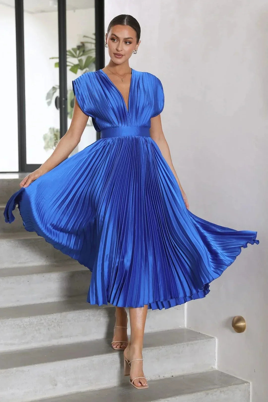 Aisha - Pleated Plunge Midi Dress