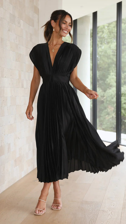 Aisha - Pleated Plunge Midi Dress