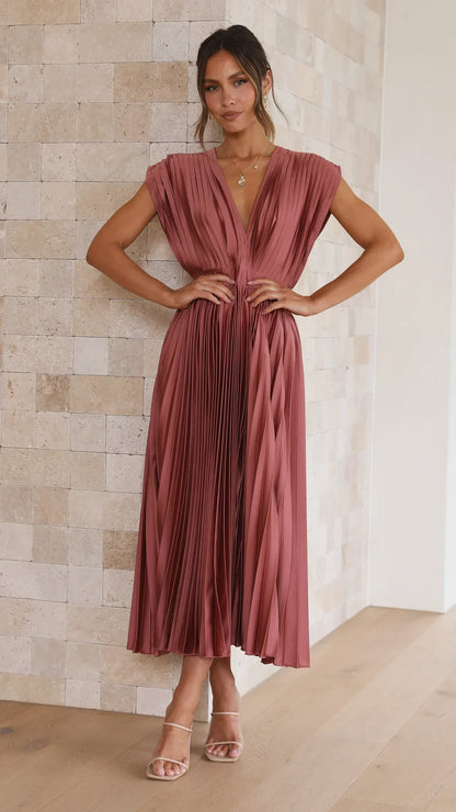 Aisha - Pleated Plunge Midi Dress